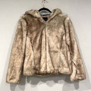 Faux Fur Jacket with Hood and Zipper